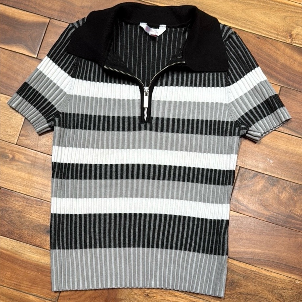 Women’s NOBO Black, White and Gray Striped Sweater